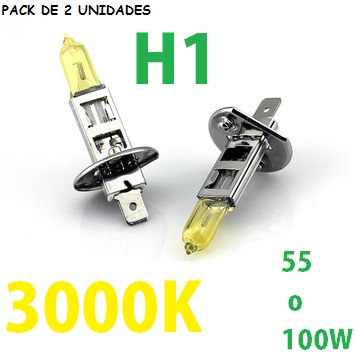 Pack de 2 bombillas h1 corta y larga para coche moto antiniebla en 55w y 100w 3000k bombilla respuesto  cruze y larga luz amarilla